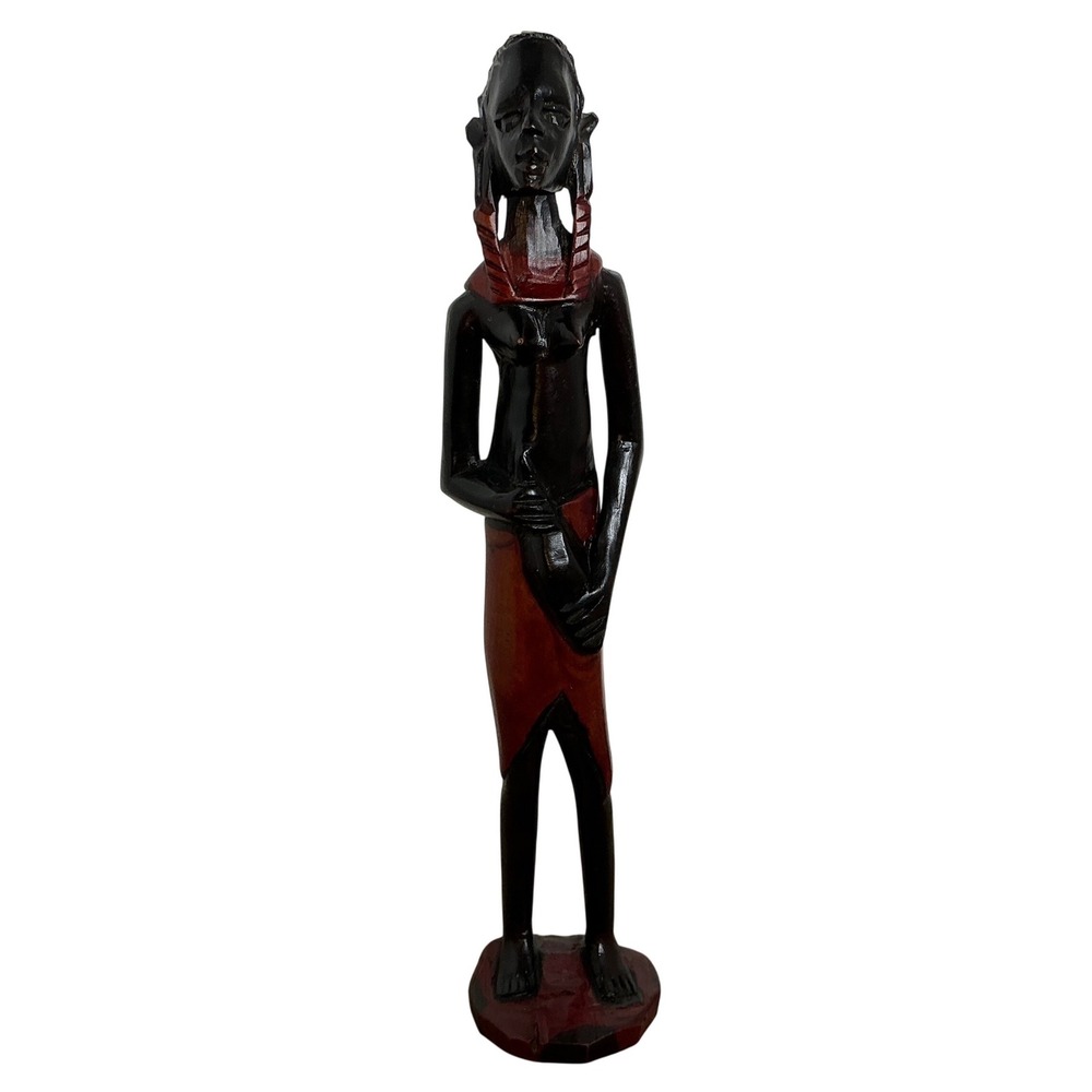 Hand Carved African Wooden Statue Tall‎ Tribal Art Figure Black Red Decor